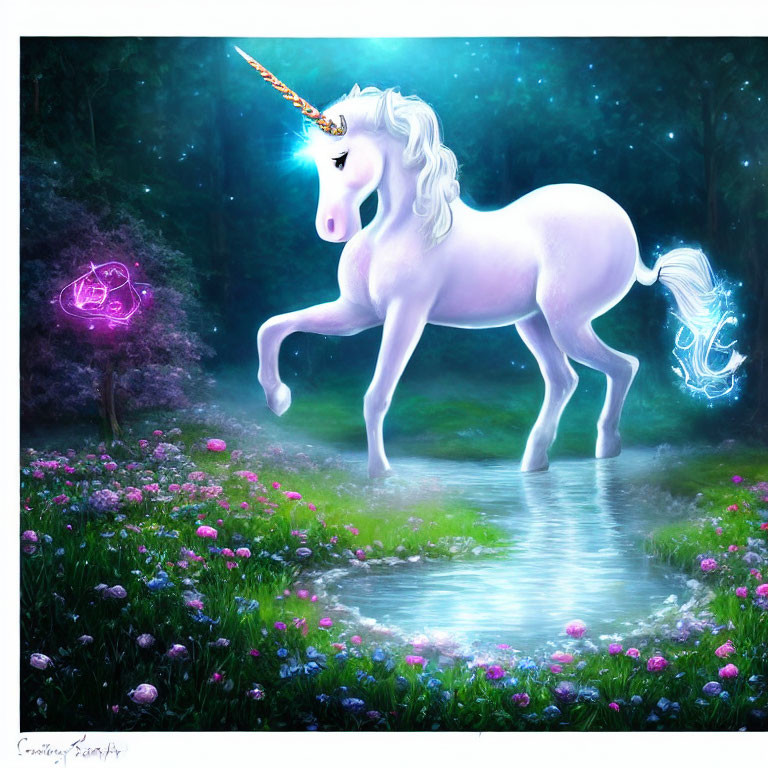 Majestic white unicorn with glowing horn in enchanted forest clearing
