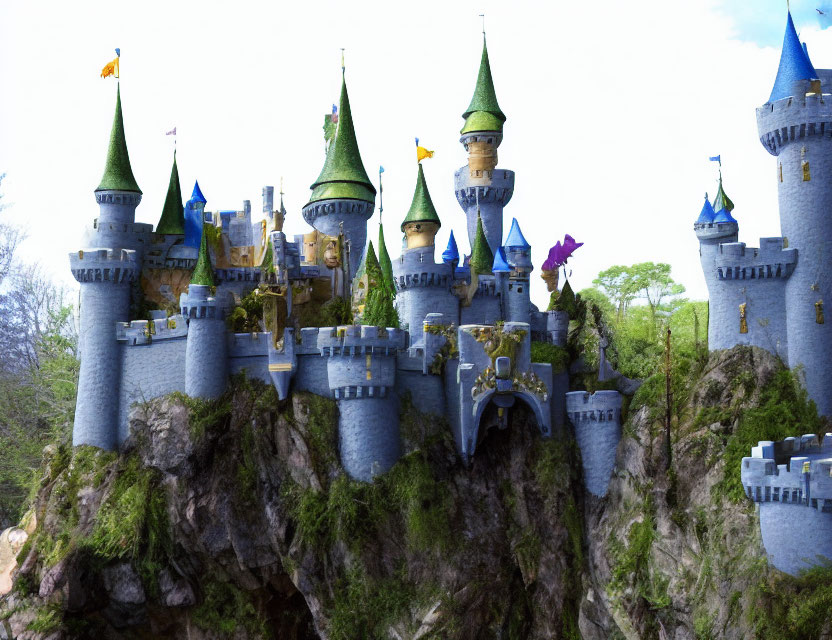 Castle with tall spires and colorful flags on rocky cliff surrounded by greenery