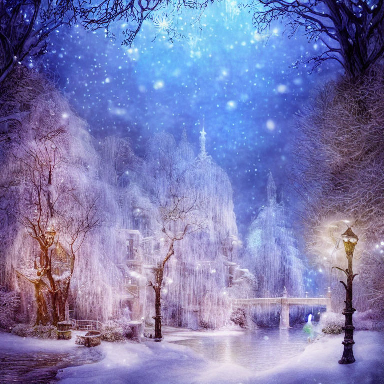 Snow-covered trees, lampposts, bridge in a winter night scene