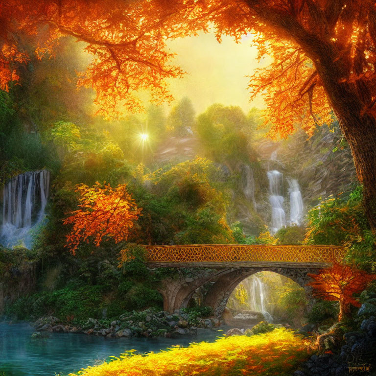 Golden bridge over stream with waterfalls and vibrant autumn foliage in serene scene