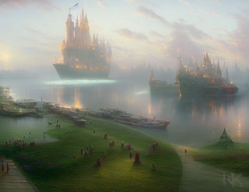 Floating castles above serene riverbank with people, boats, and glowing lights at dawn.