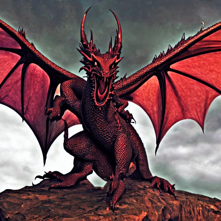 Menacing Red Dragon Perched on Rocky Outcrop