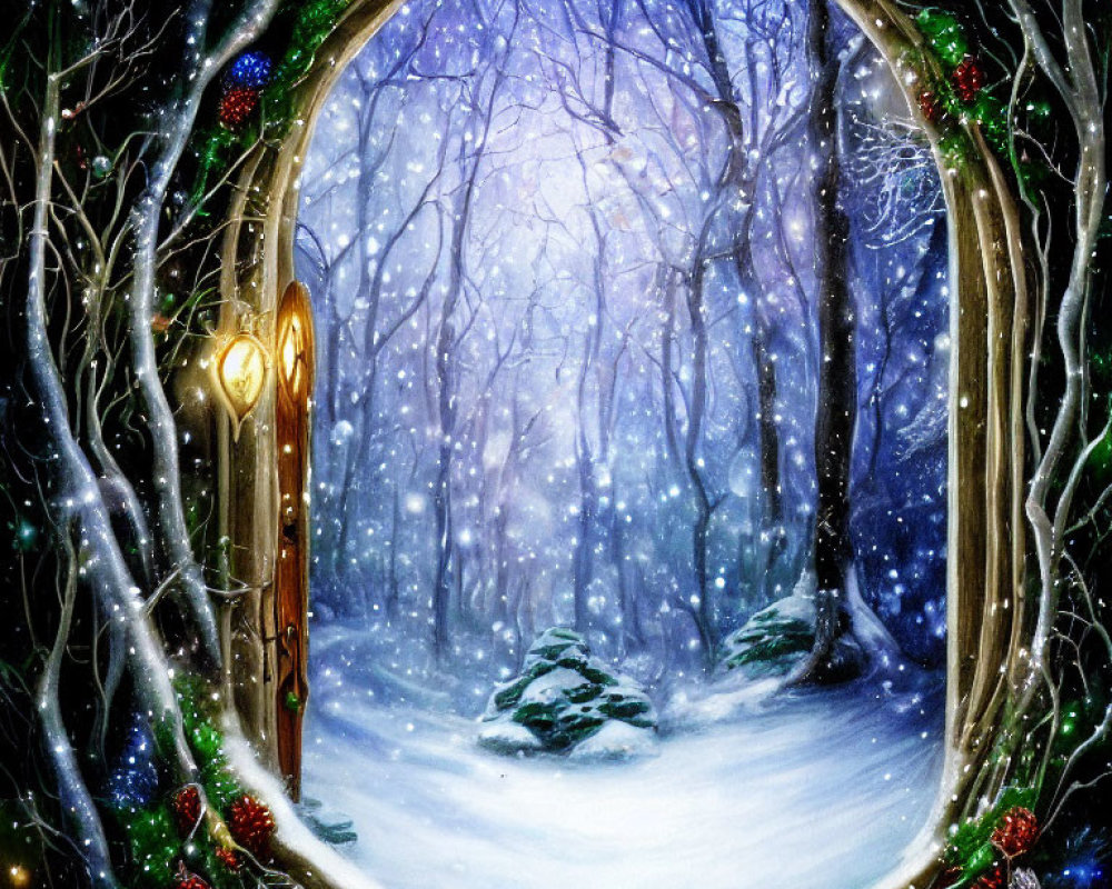 Winter forest scene with glowing doorway and festive decorations