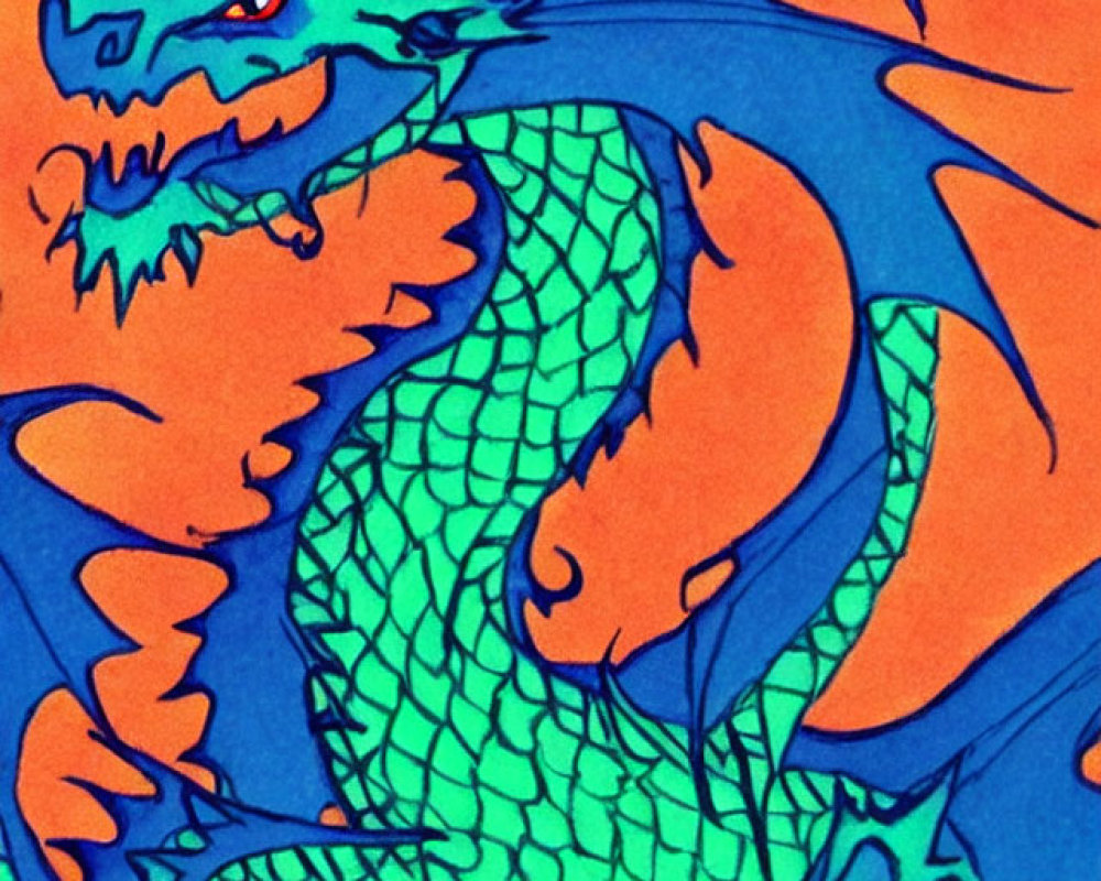Detailed Blue-Green Dragon Illustration on Orange Background