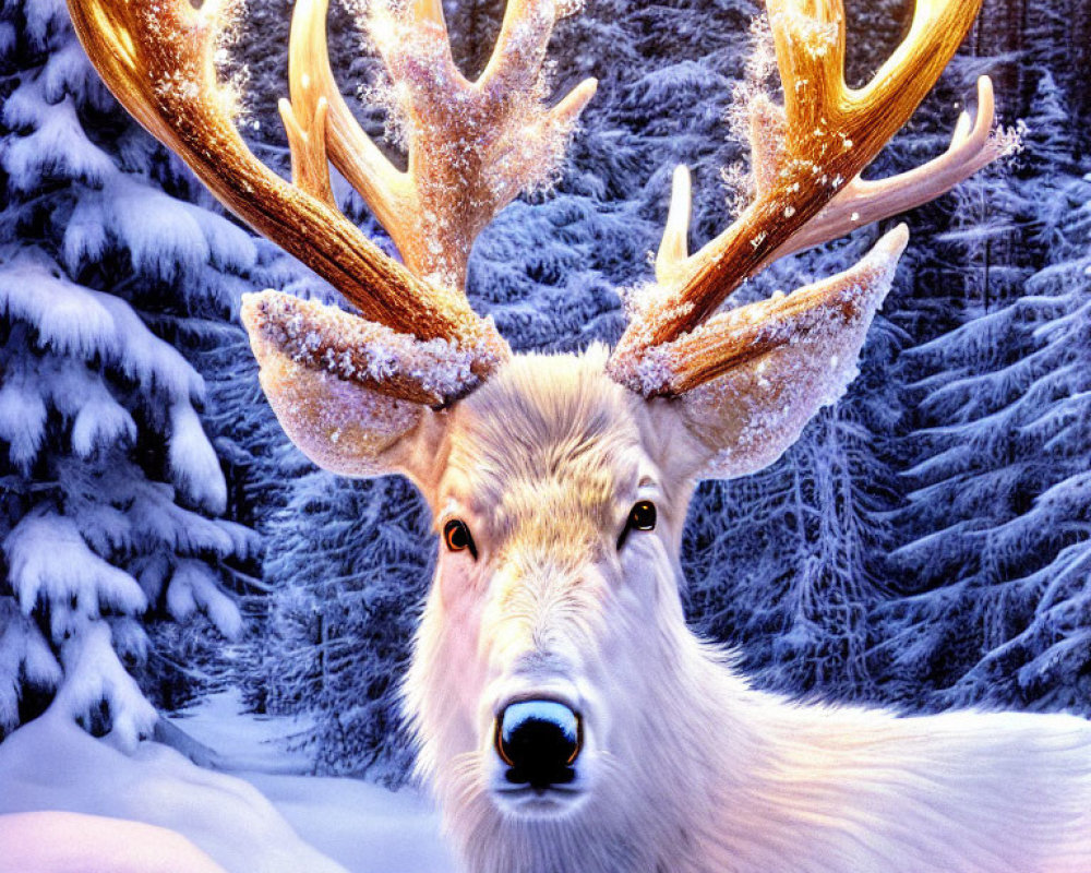 White stag with glowing antlers in snowy forest