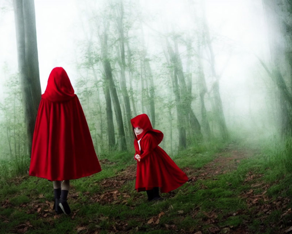 Two figures in red cloaks in misty forest setting.