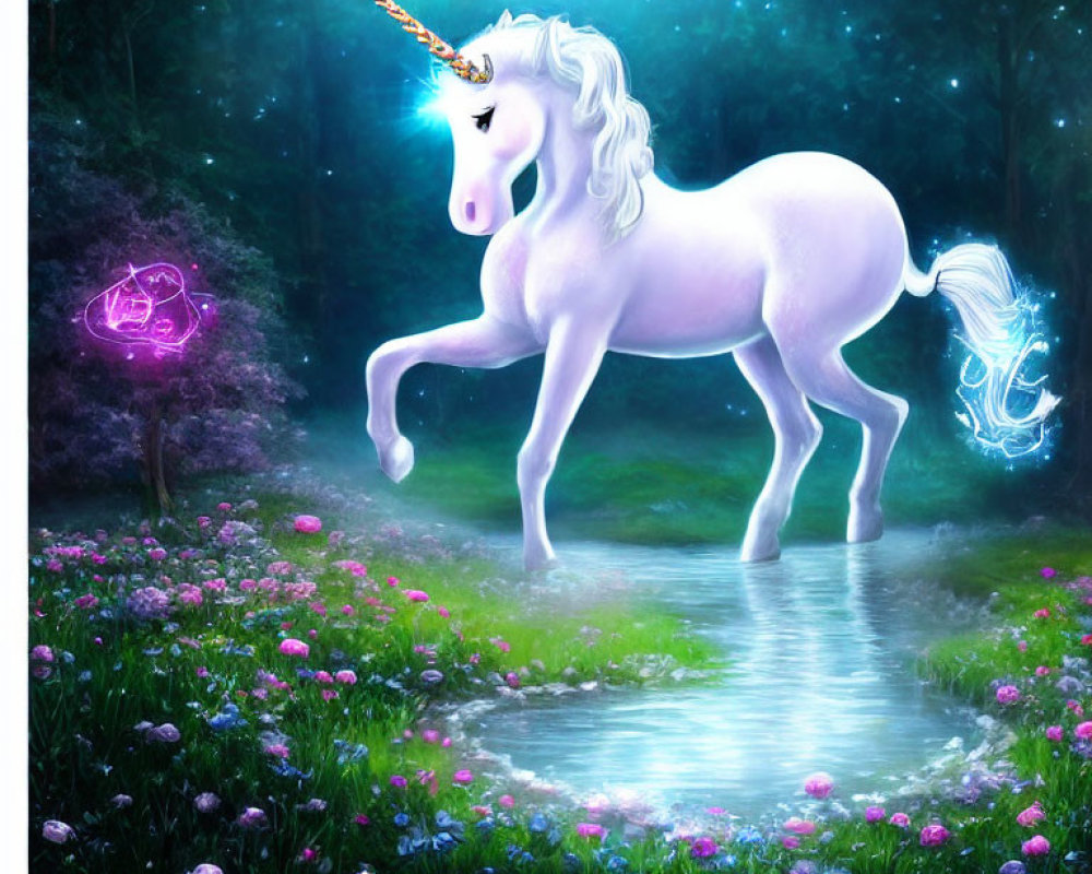 Majestic white unicorn with glowing horn in enchanted forest clearing