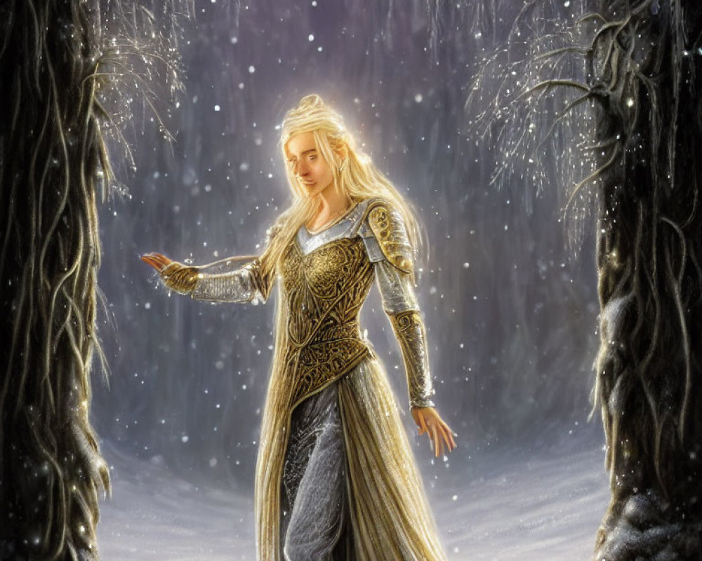 Blonde woman in golden armor and gown in snowy forest.