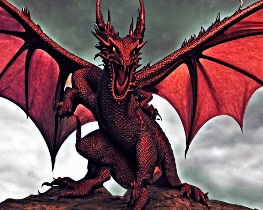 Menacing Red Dragon Perched on Rocky Outcrop
