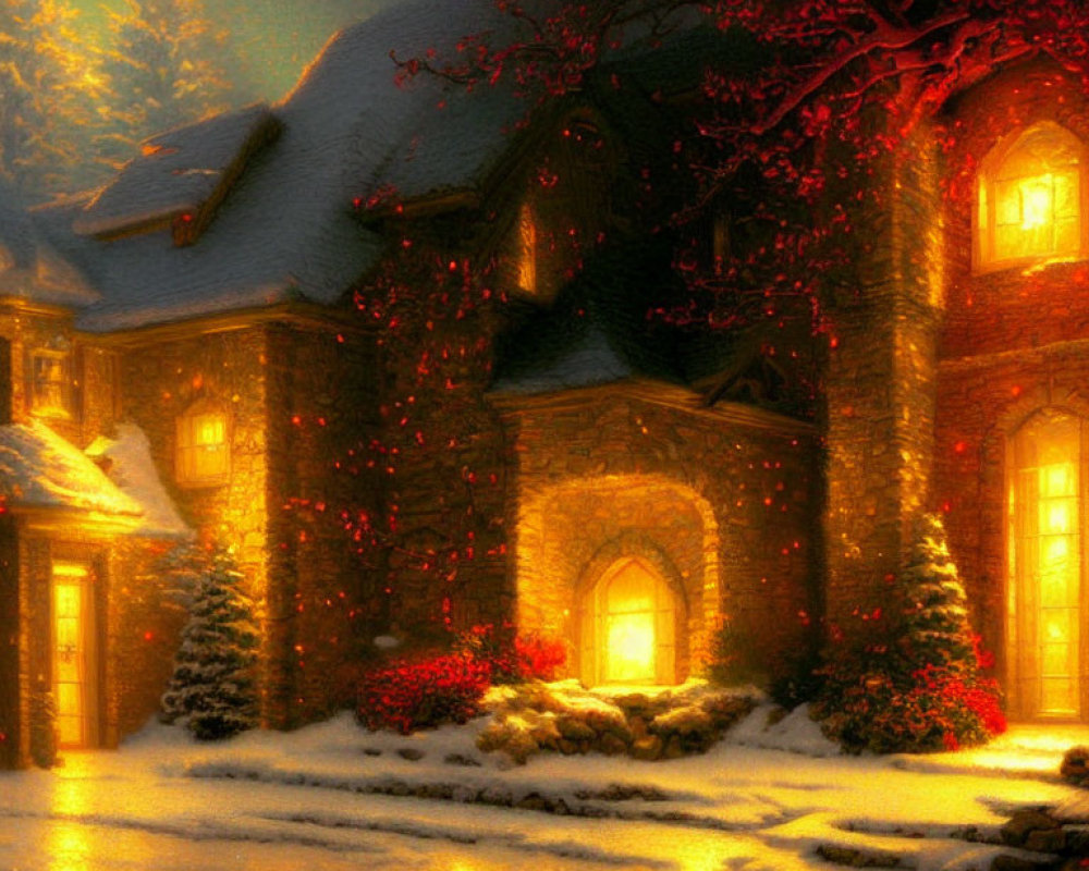 Cozy House with Festive Lights in Snowy Twilight