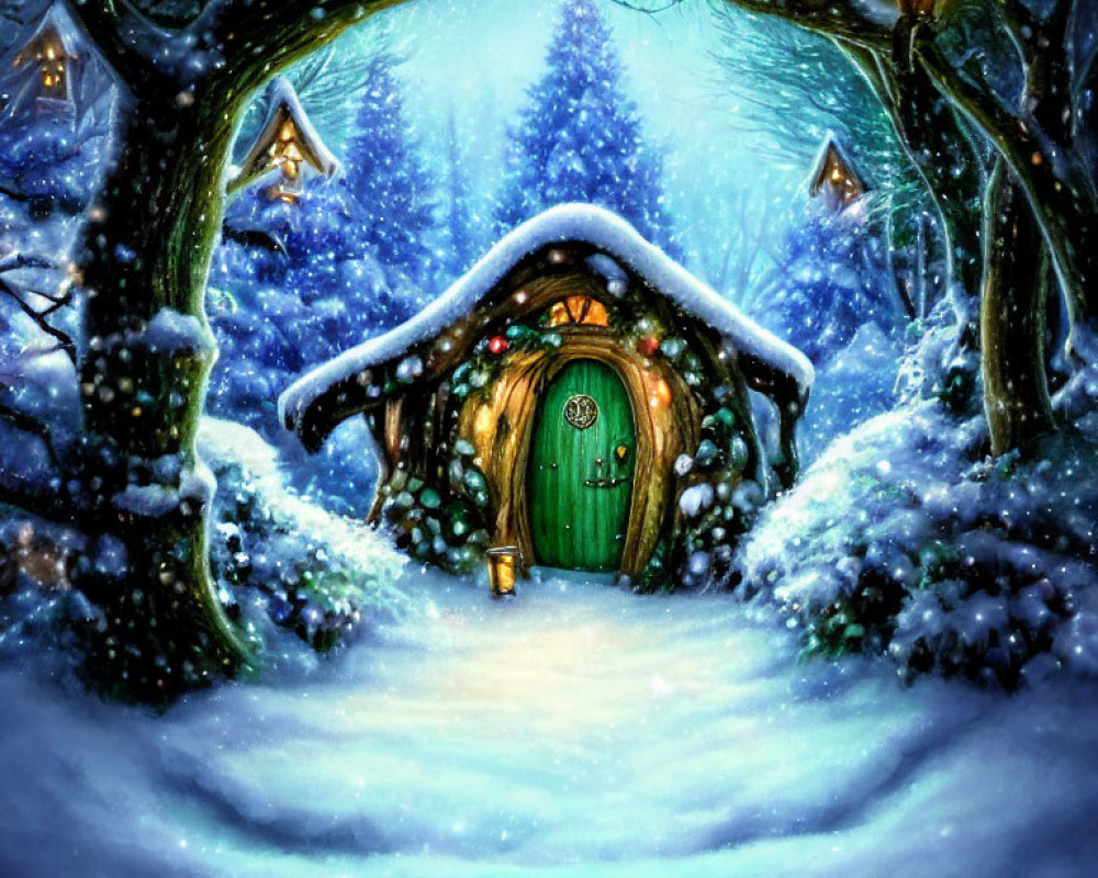 Snow-covered hobbit-style round door in whimsical winter scene