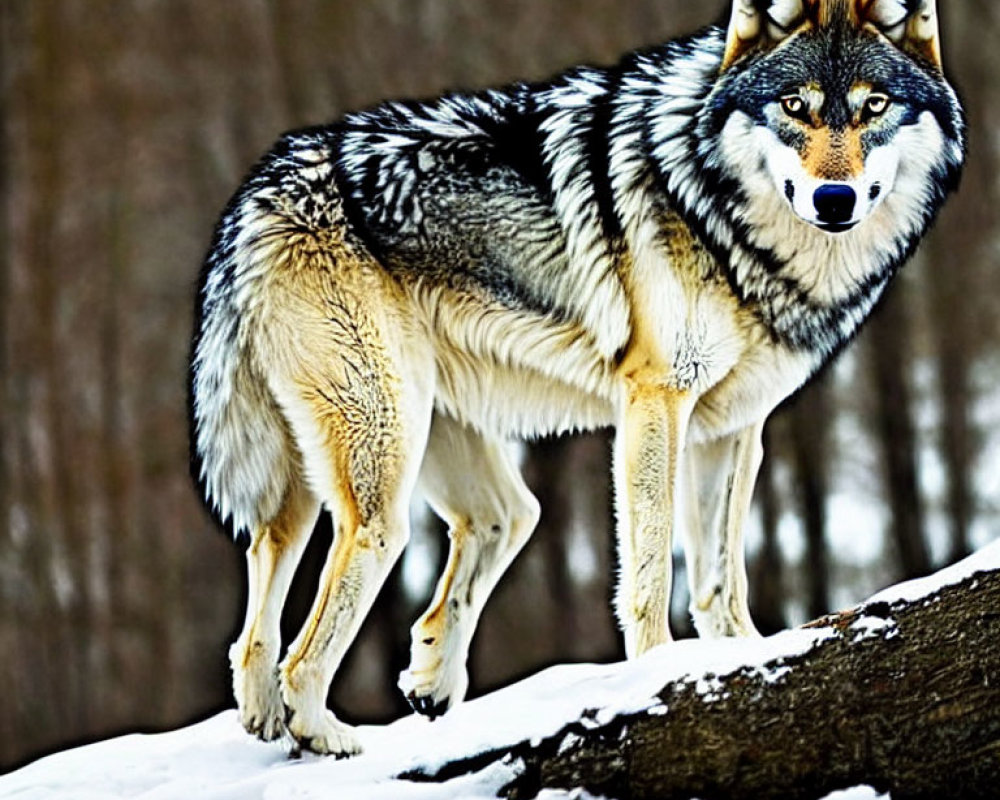 Majestic wolf with thick fur in snowy forest