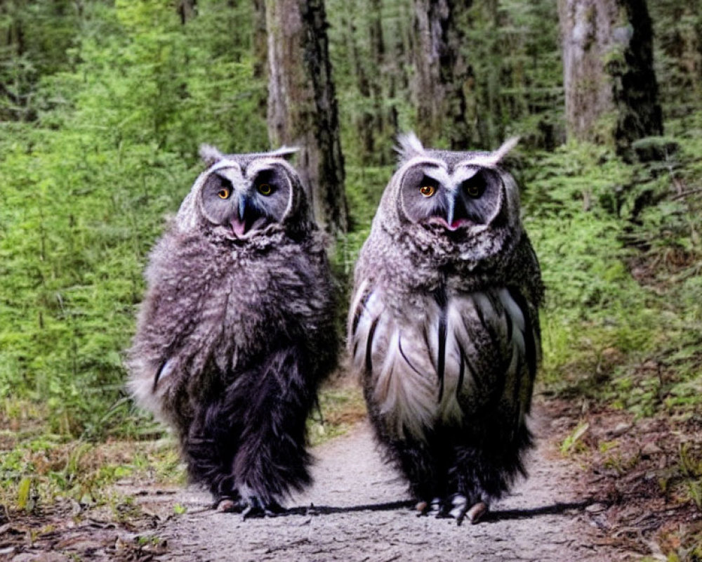 Pair of owls on forest path, gazing at camera amid lush green trees