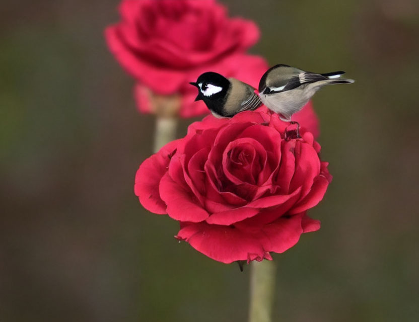 Birds perched on red roses against blurred background