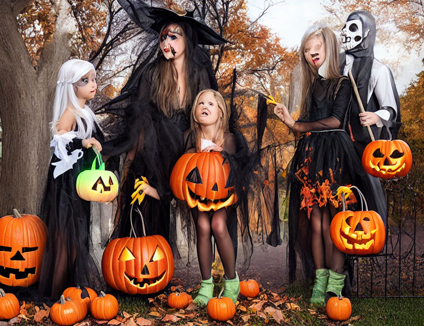 Children in Halloween costumes with carved pumpkins in autumn setting
