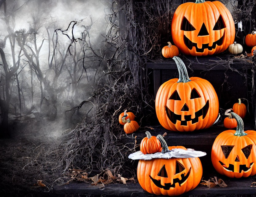 Glowing-eyed carved pumpkins in misty Halloween setting