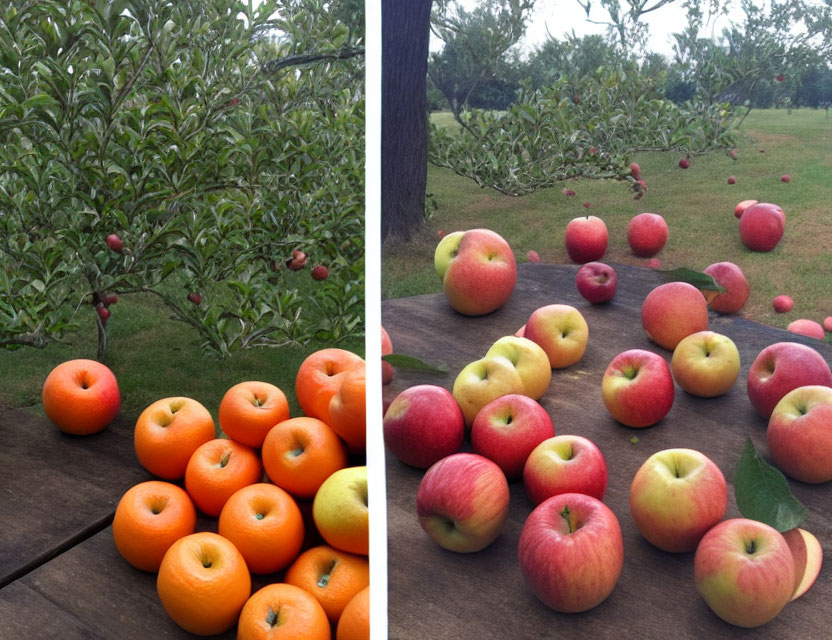 Ripe Apples in Orchard with Wooden Table Display