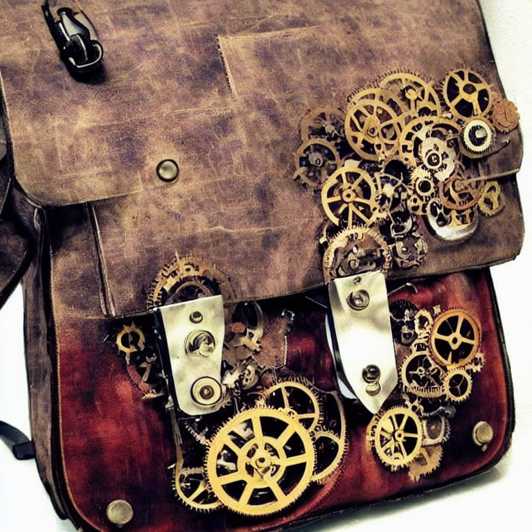 Brown Leather Steampunk Satchel with Metallic Gears and Cogs