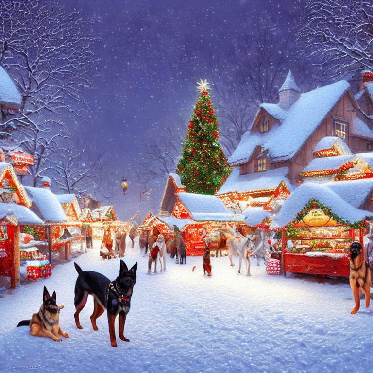 Snowy Christmas Market Night Scene with Decorated Stalls, Tall Tree, and German Shepherds