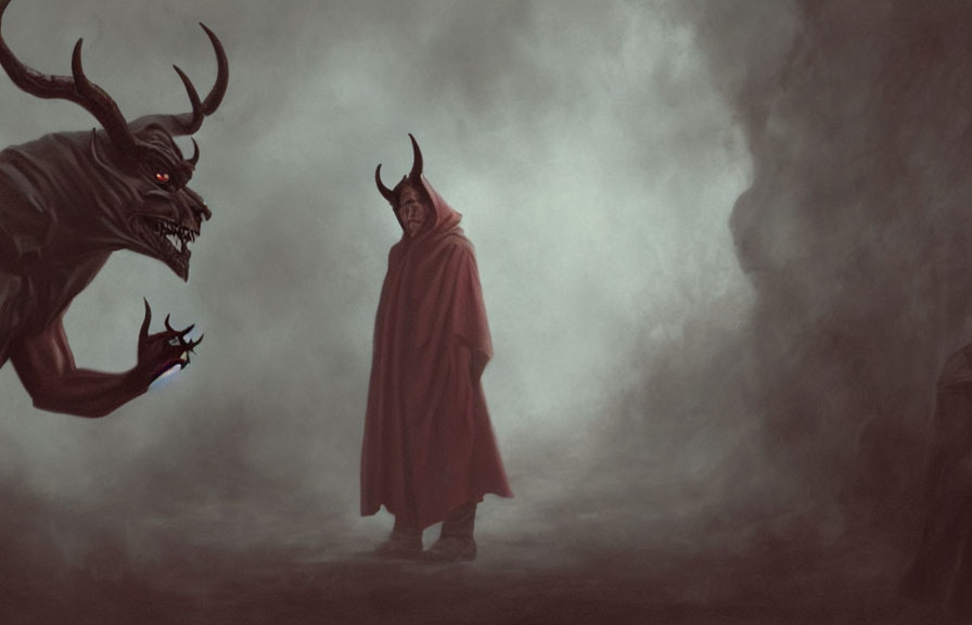 Red cloaked figure confronts menacing horned creature in misty setting