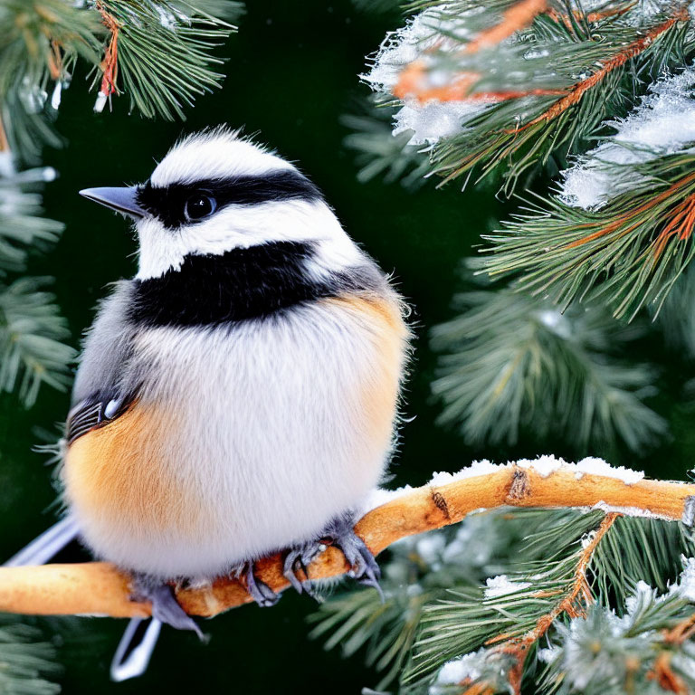 Black-Capped Chickadee on Frosty Pine Branch with Snowflakes