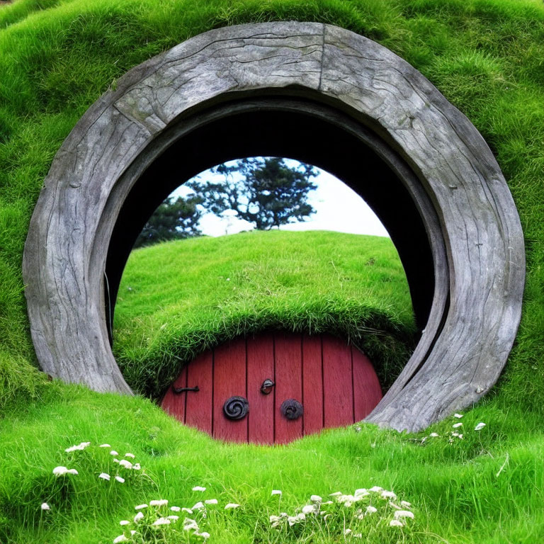Circular wooden door in lush green hillside with large window above.