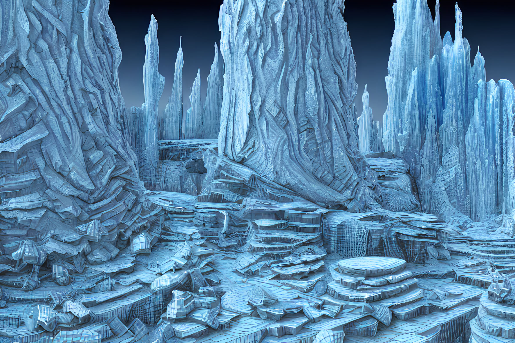 Surreal digital artwork: Icy landscape with towering ice formations