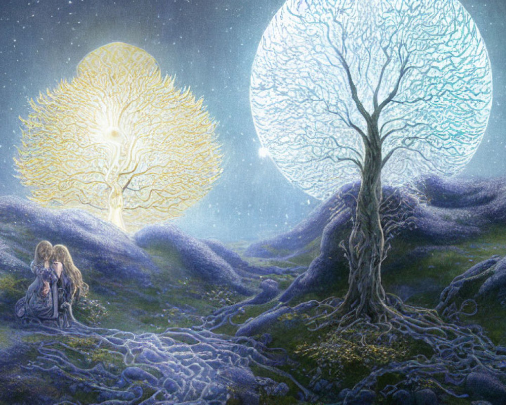 Fantasy night landscape with glowing orbs, two trees, and cloaked figure