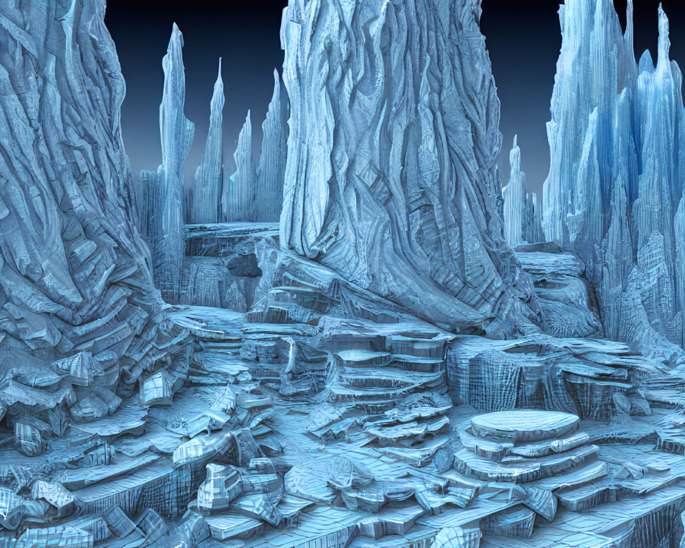 Surreal digital artwork: Icy landscape with towering ice formations