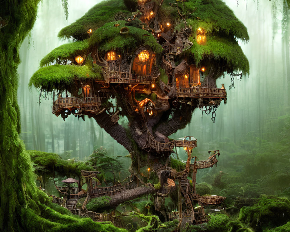 Enchanted treehouse with wooden platforms and lit lanterns in lush, mossy forest
