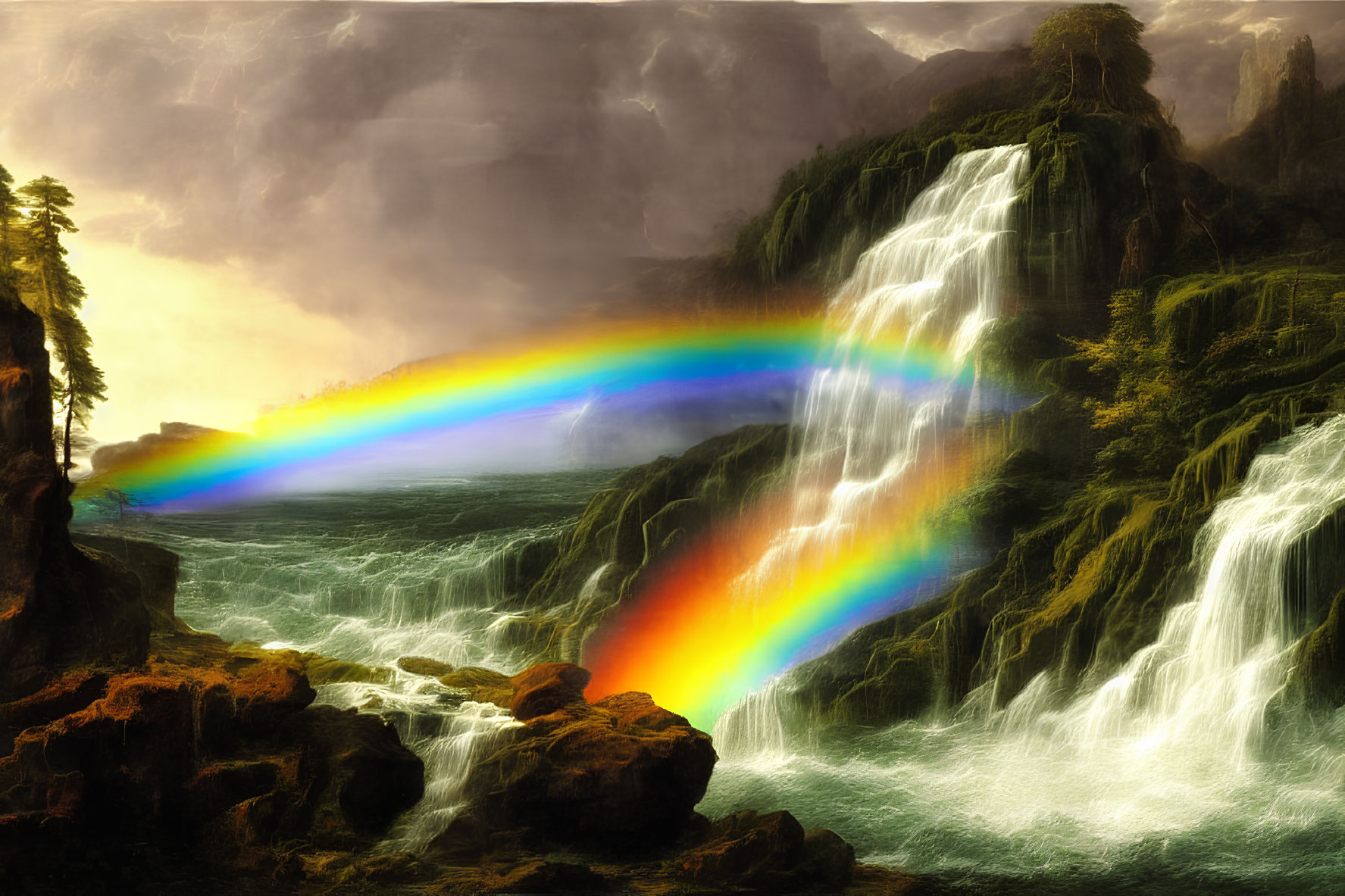 Scenic landscape: waterfall, rainbow, dramatic clouds