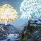 Fantasy night landscape with glowing orbs, two trees, and cloaked figure