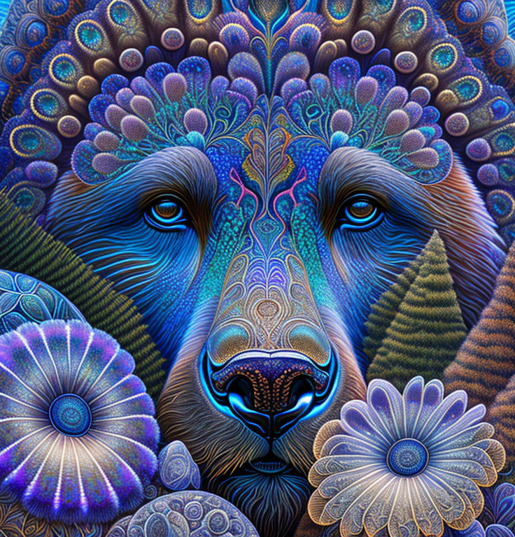 Detailed Bear Art with Peacock Feather Patterns in Cool Tones
