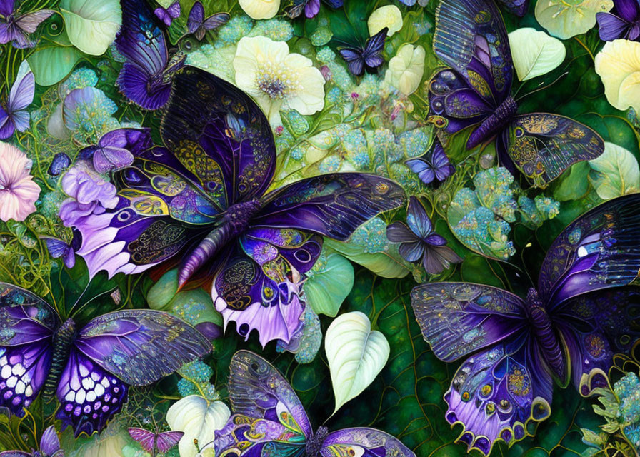 Colorful Butterflies Among Lush Green Leaves and Flowers