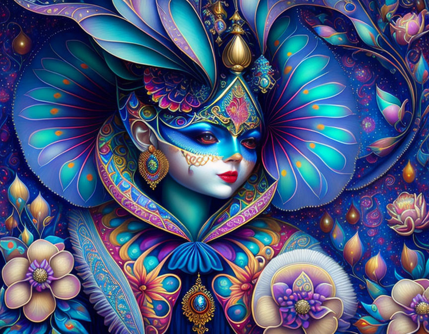 Colorful digital artwork featuring stylized female figure in blue and purple attire.