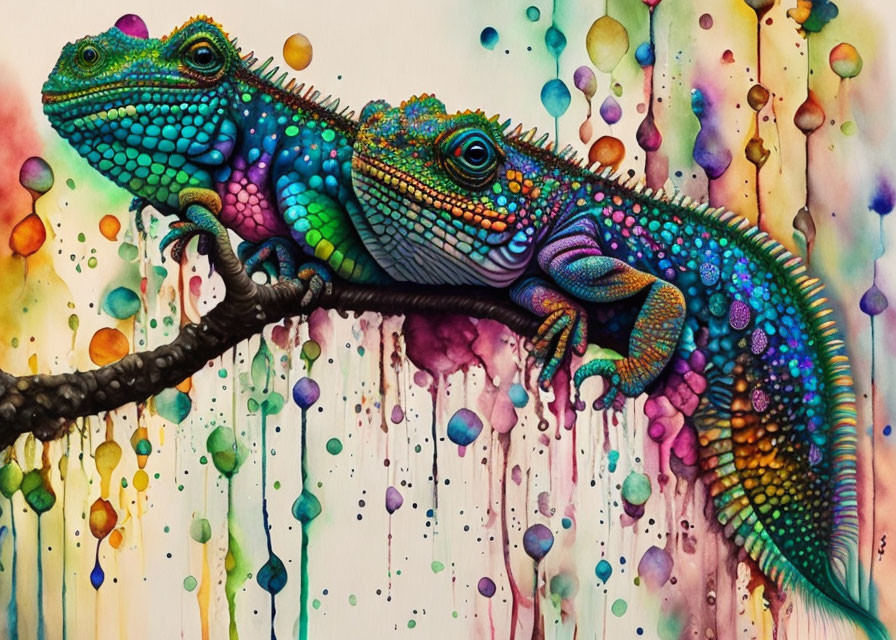 Colorful Chameleons with Intricate Patterns on Branches in Multicolored Background