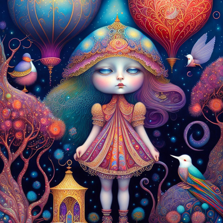 Colorful girl with mushroom headpiece in whimsical fantasy scene