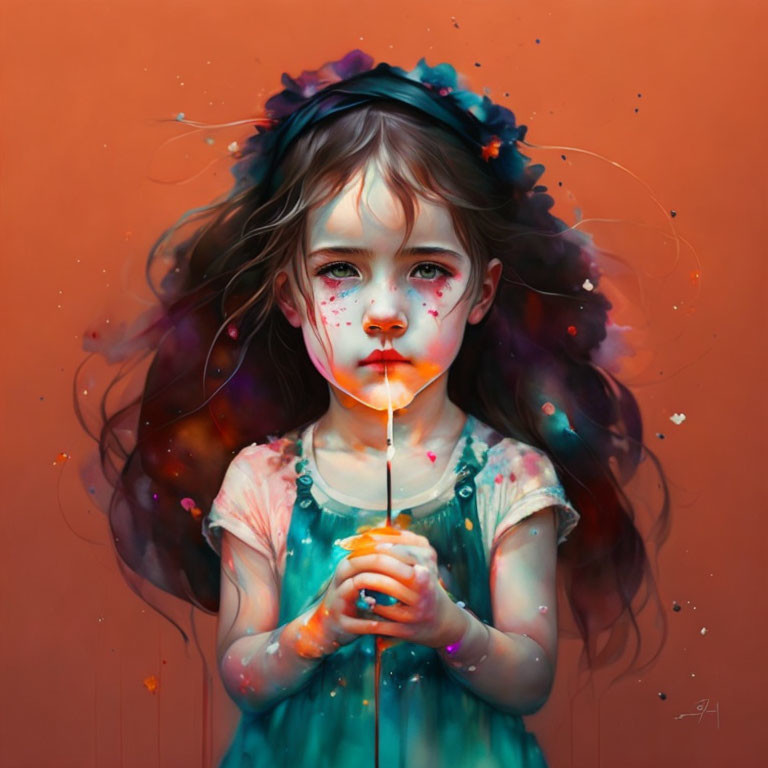 Melancholic young girl with sparkler in surreal digital painting