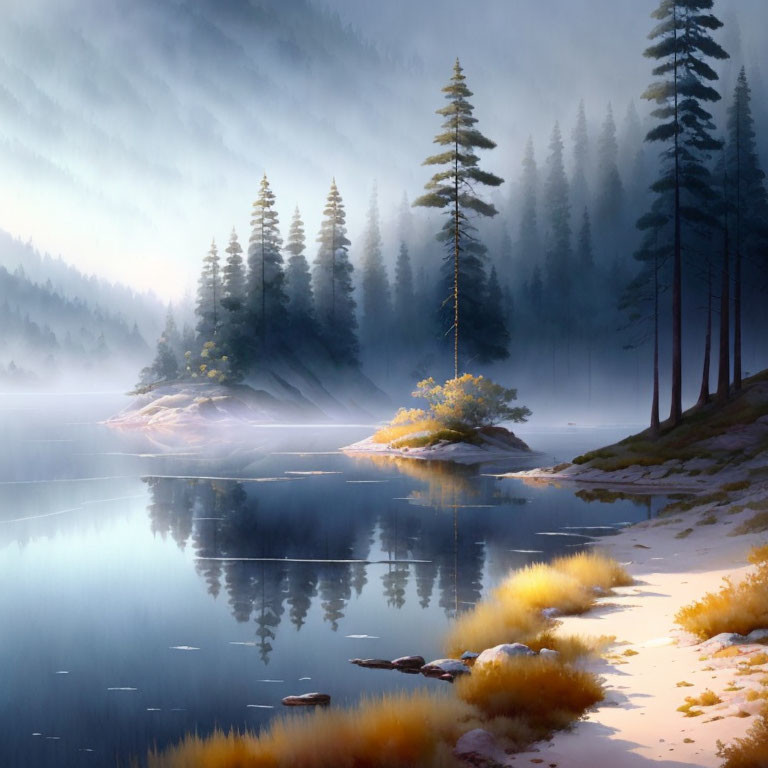 Tranquil Lake Scene with Misty Forest, Pine Trees, Island, and Shoreline
