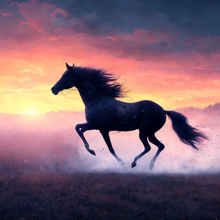 Majestic black horse galloping in misty field at sunset