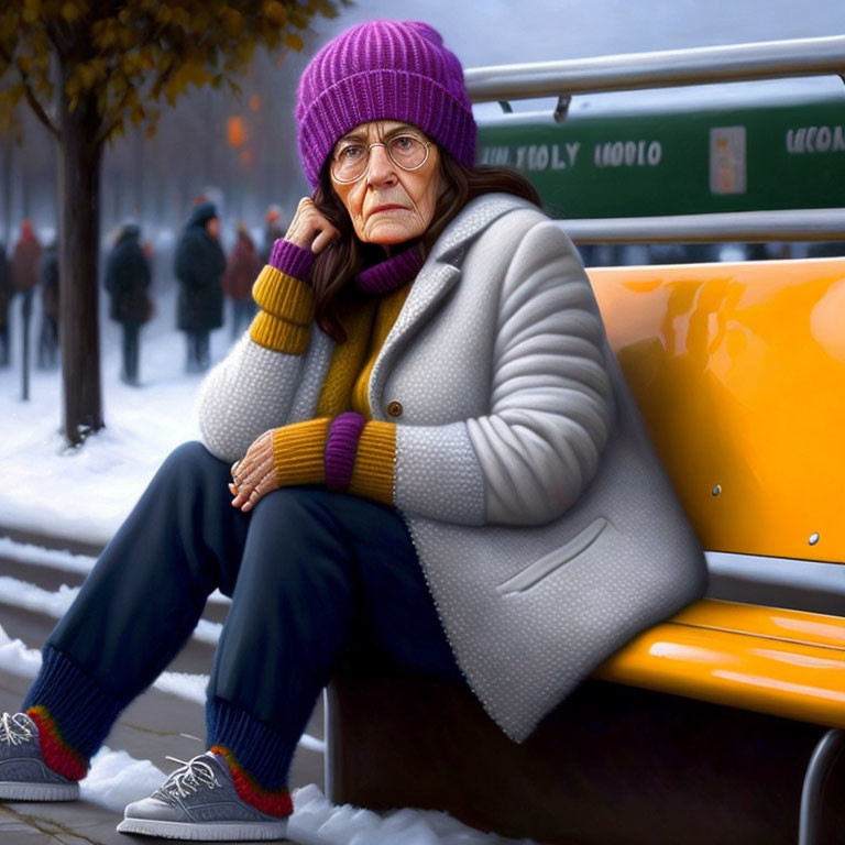 Elderly woman on yellow bench in wintry scene with bus stop sign