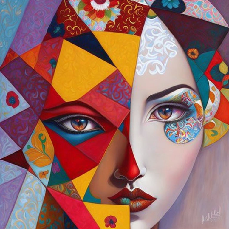 Colorful Abstract Portrait with Mosaic Design and Intricate Patterns