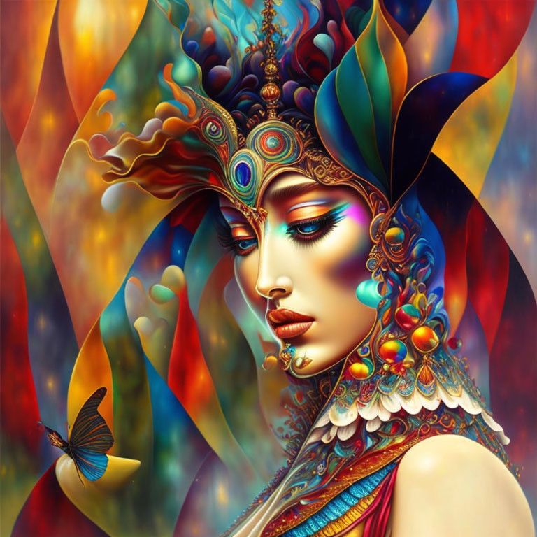 Colorful illustration of woman with intricate headdress and butterfly.