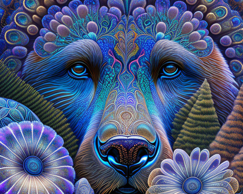 Detailed Bear Art with Peacock Feather Patterns in Cool Tones