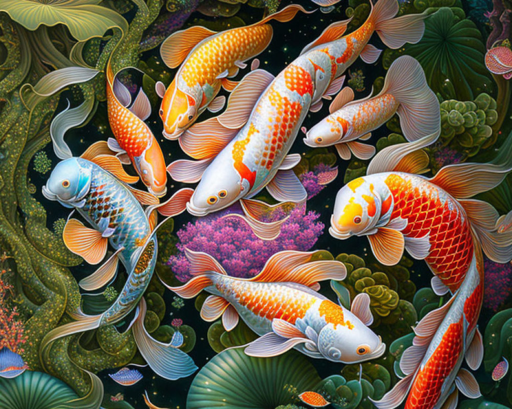 Colorful Koi Fish in Lily Pond with Rich Patterns