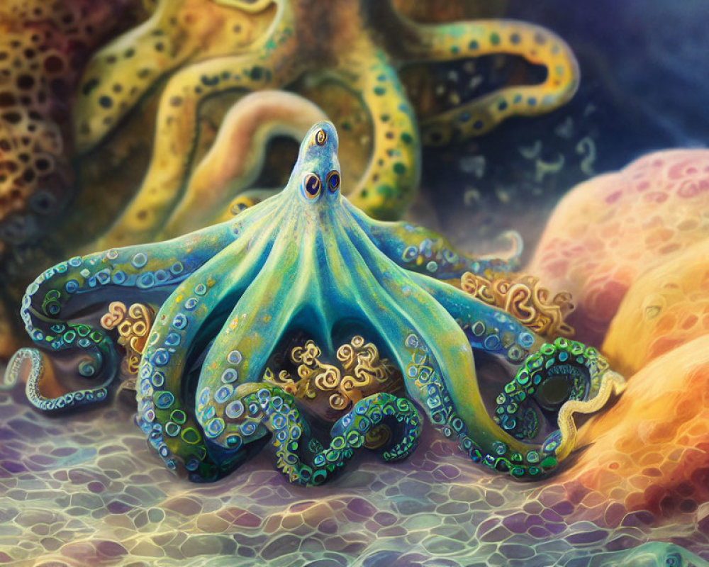 Colorful Blue and Green Octopus on Textured Seabed with Coral Structures
