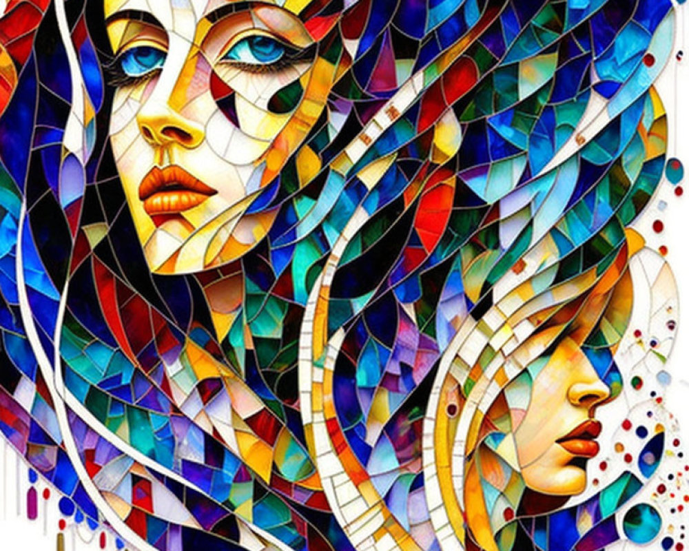 Vivid abstract artwork: mosaic of two female faces with colorful stained glass patterns