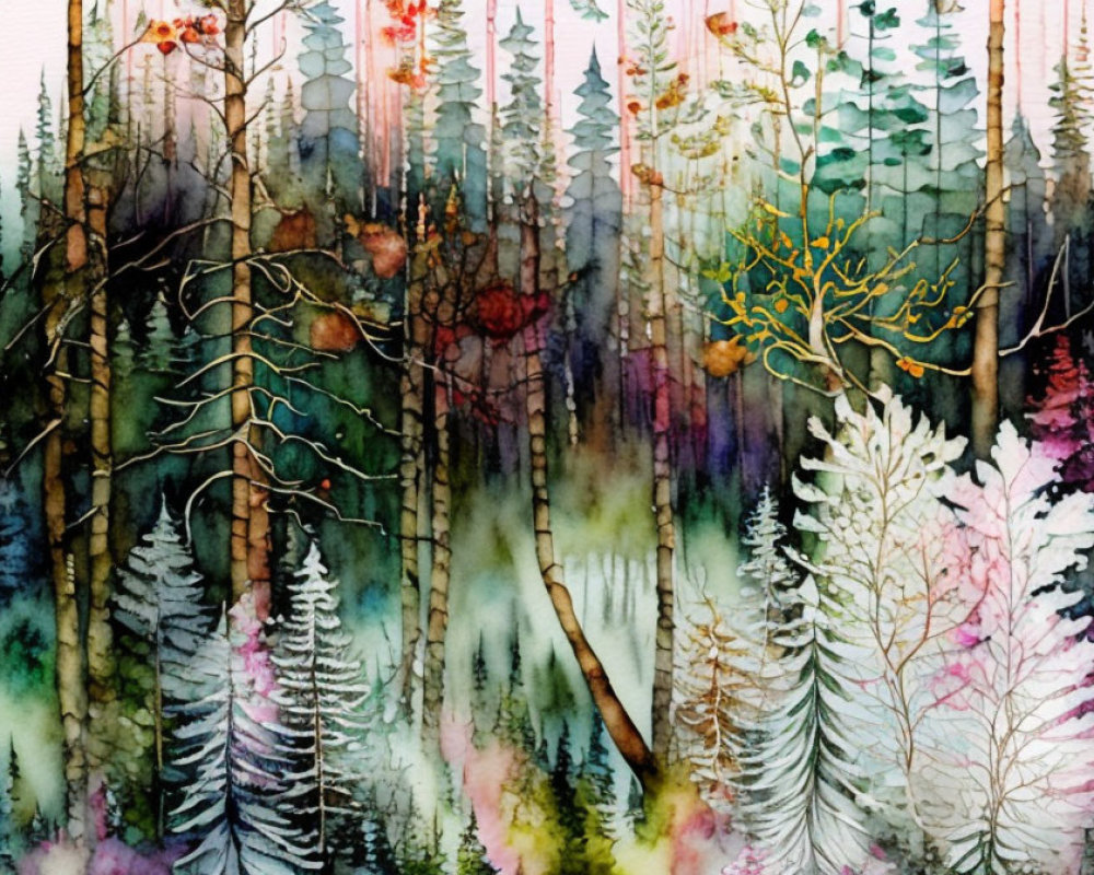 Vibrant watercolor painting of dense, ethereal forest