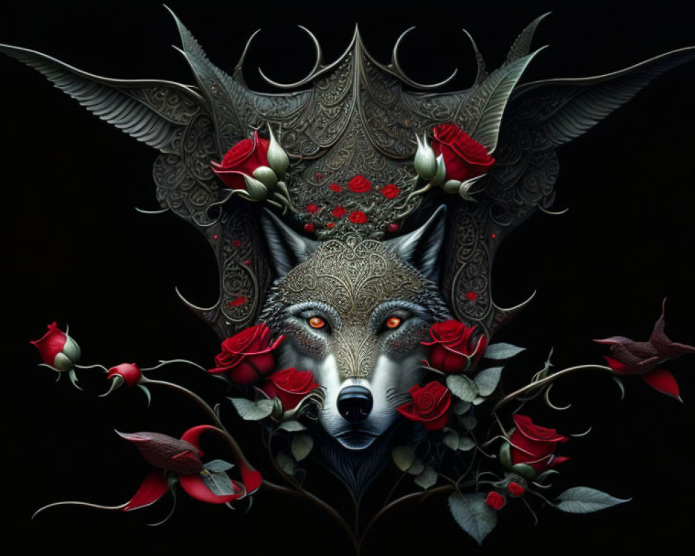 Detailed wolf head illustration with ornate patterns and red roses on a dark backdrop