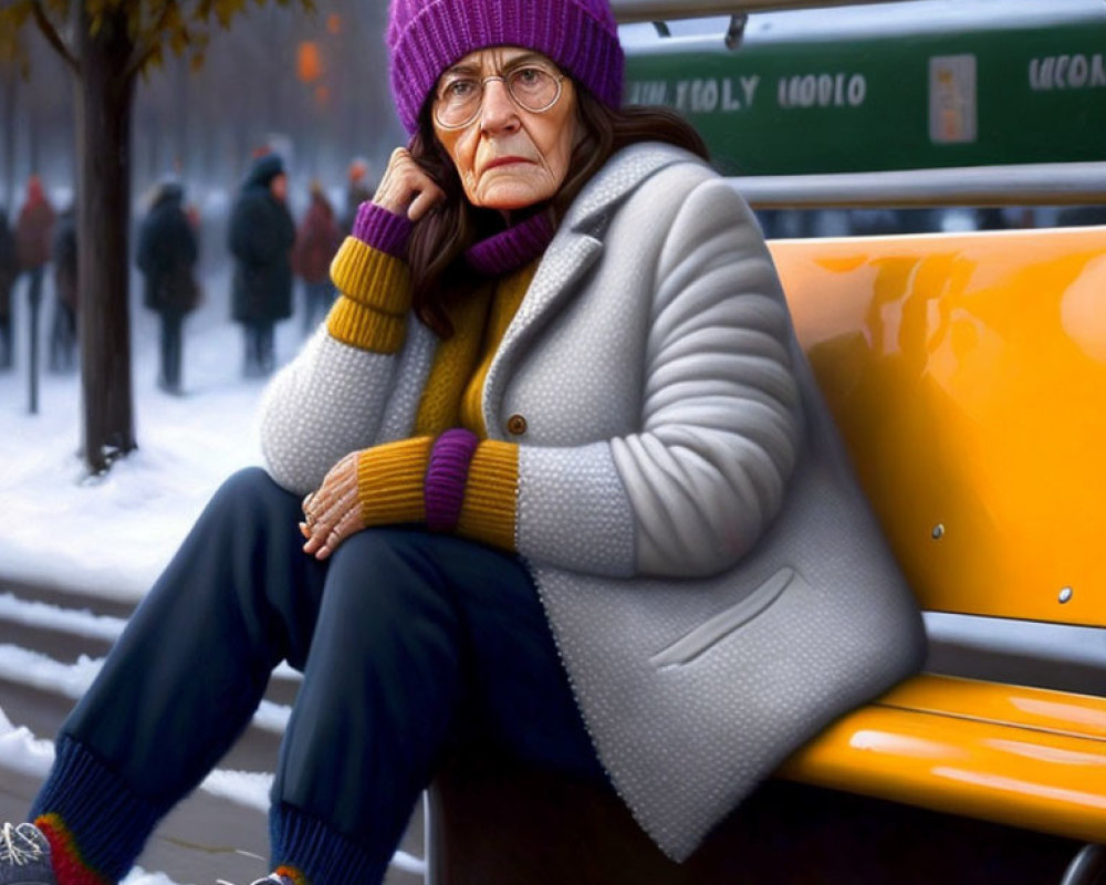 Elderly woman on yellow bench in wintry scene with bus stop sign